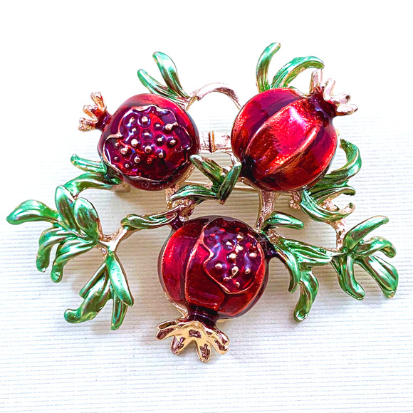 Unique Pomegranate Brooch/Pin - Shiny Deep Red and Metallic Green Enamel - Picture 1 of 4